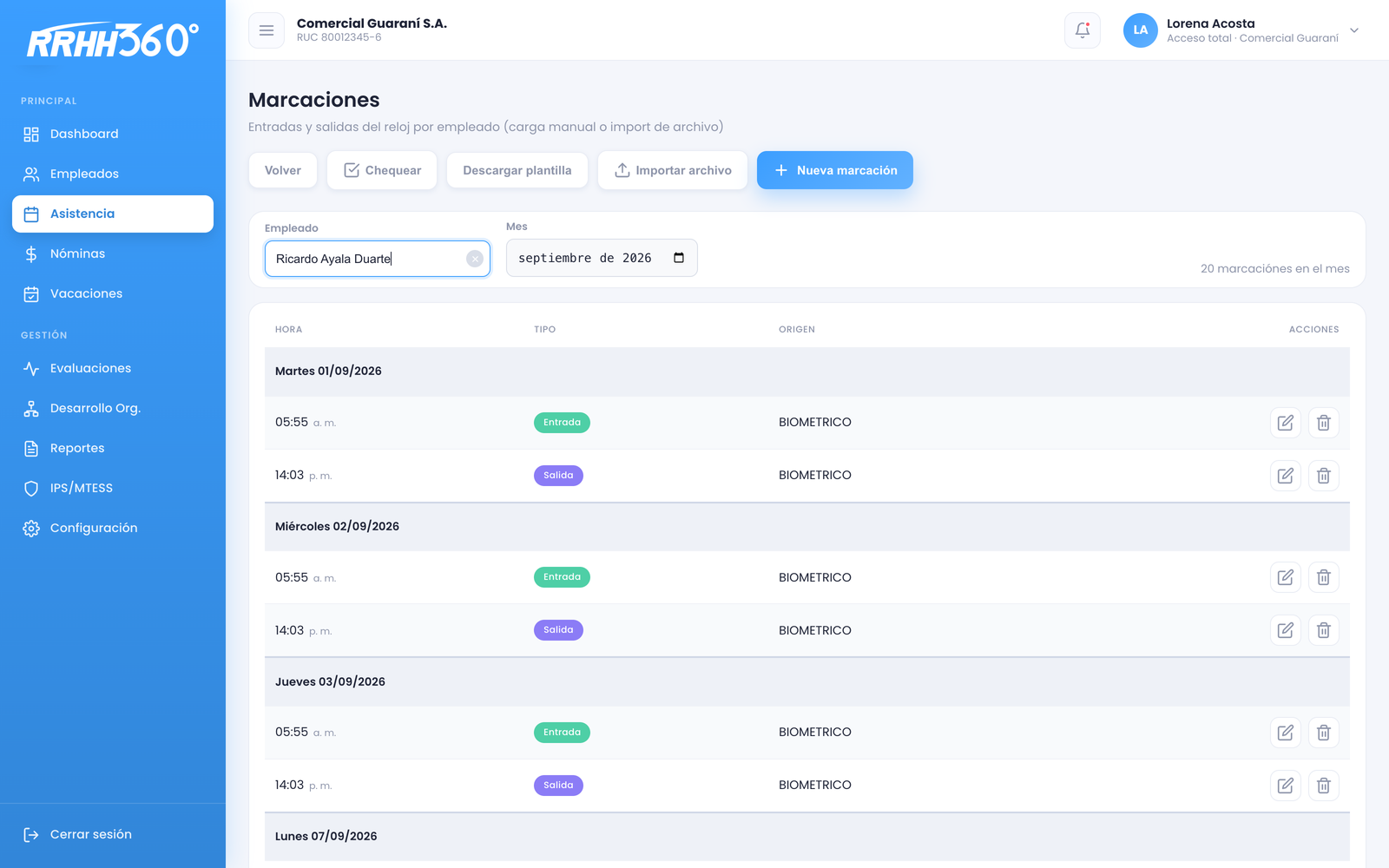 Pantalla de marcaciones del día con entradas, salidas y estados por empleado.