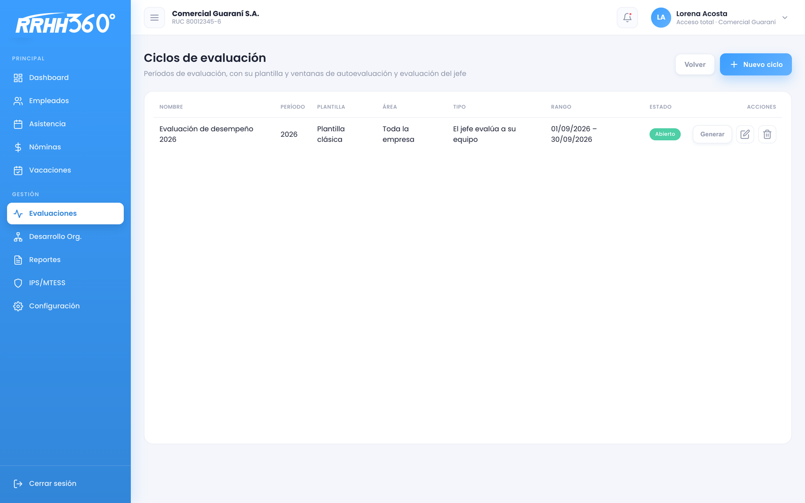 Pantalla de evaluaciones de desempeño con ciclos y plantillas.