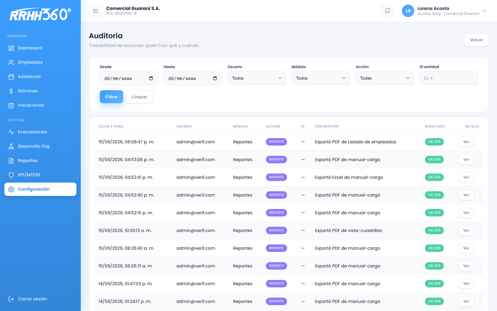 Pantalla de auditoría con el registro de movimientos por usuario y fecha.